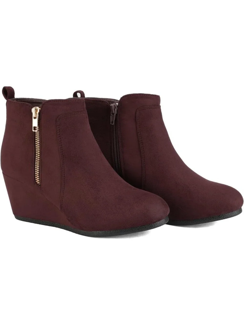 Women's Burgundy Faux Suede Cushioned Insole Fashion Wedges Casual Ankle Boots